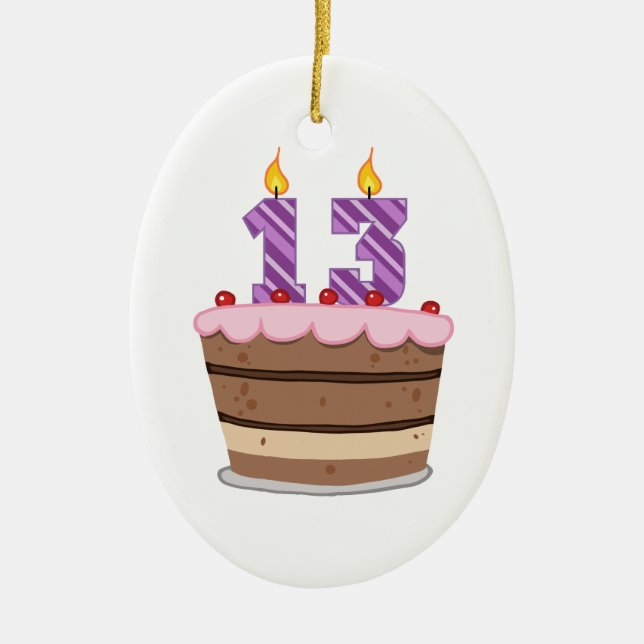 Age 13 on Birthday Cake Ceramic Ornament (Front)