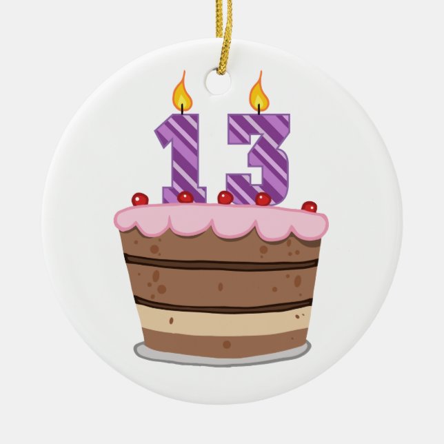 Age 13 on Birthday Cake Ceramic Ornament (Front)
