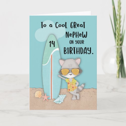 Age 14 Great Nephew Birthday Beach Funny Raccoon Card