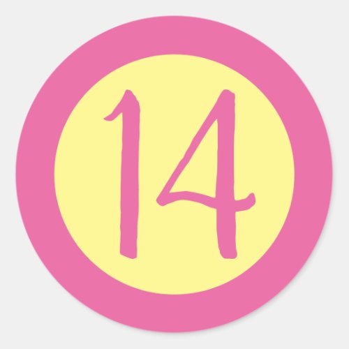 Age 14 Number Customizable Pink Text on Yellow Classic Round Sticker