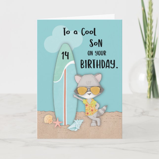 Age 14 Son Birthday Beach Funny Cool Raccoon  Card (Front)