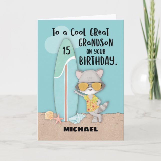 Age 15 Great Grandson Birthday Beach Funny Raccoon Card (Front)