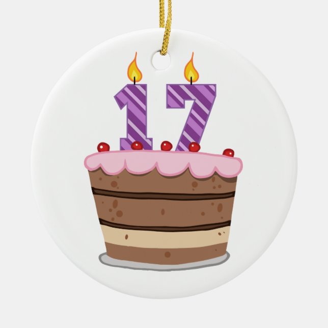 Age 17 on Birthday Cake Ceramic Ornament (Front)