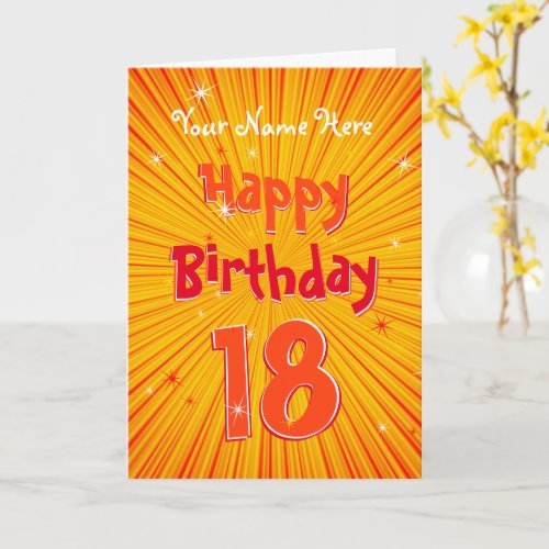 Age 18 Fun Orange Sunburst editable 18th Birthday Card