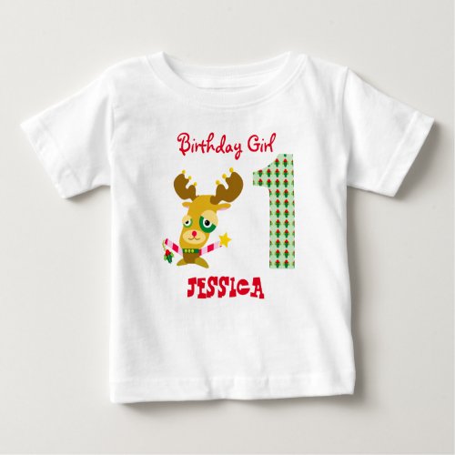 Age 1 Birthday Girl Candy Cane Reindeer Christmas Baby T_Shirt