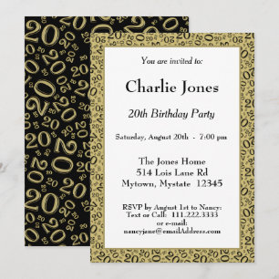 Age 20 Random Number Pattern Black/Gold 20th Invitation