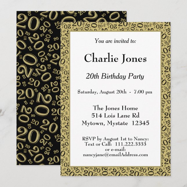 Age 20 Random Number Pattern Black/Gold 20th Invitation (Front/Back)