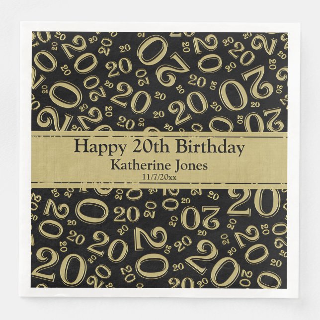 Age 20 Random Number Pattern Black/Gold Paper Dinner Napkins (Front)