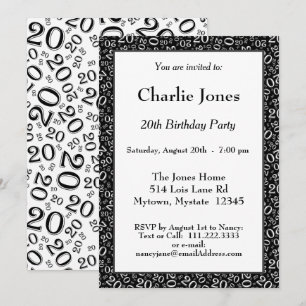 Age 20 - Random Number Pattern Black/White 20th Invitation