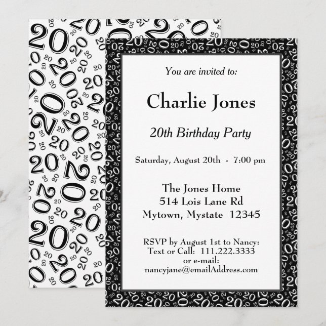 Age 20 - Random Number Pattern Black/White 20th Invitation (Front/Back)