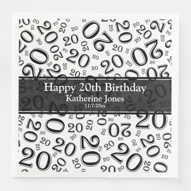 Age 20 Random Number Pattern Black/White Paper Dinner Napkins (Front)