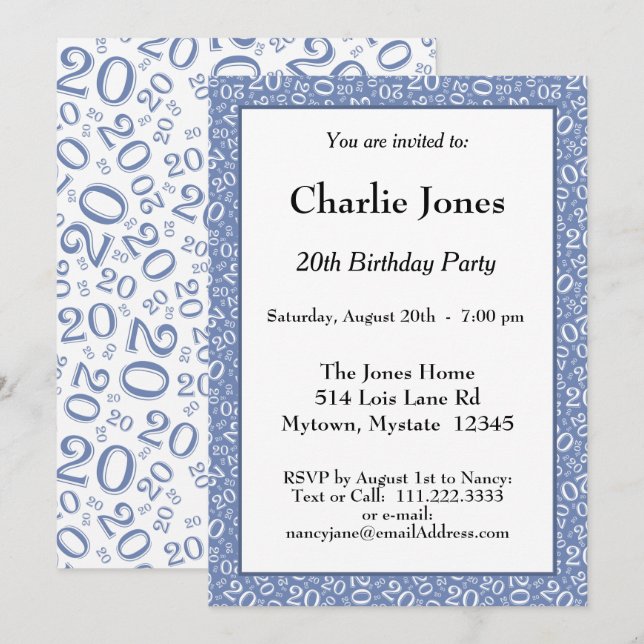 Age 20 Random Number Pattern Blue/White 20th Invitation (Front/Back)
