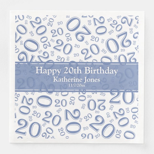 Age 20 Random Number Pattern Blue/White Paper Dinner Napkins (Front)