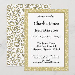 Age 20 Random Number Pattern Gold/White 20th Invitation
