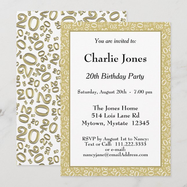 Age 20 Random Number Pattern Gold/White 20th Invitation (Front/Back)