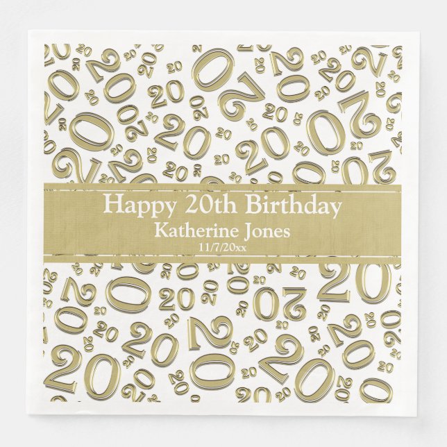 Age 20 Random Number Pattern Gold/White Paper Dinner Napkins (Front)