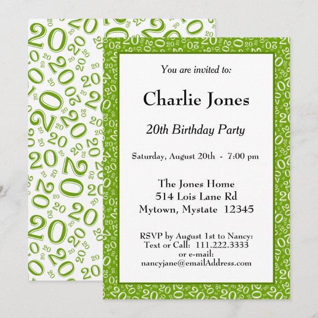Age 20 Random Number Pattern Green/White 20th Invitation (Front/Back)