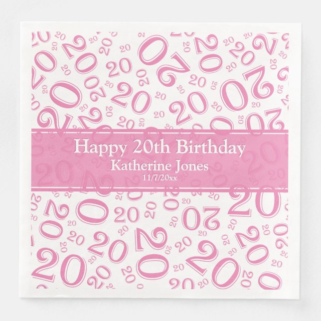 Age 20 Random Number Pattern Pink/White Paper Dinner Napkins (Front)