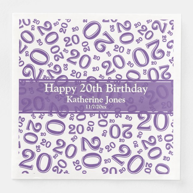 Age 20 Random Number Pattern Purple/White Paper Dinner Napkins (Front)