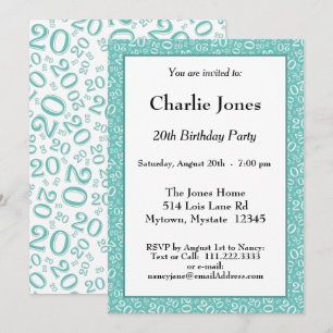 Age 20 Random Number Pattern Teal/White 20th Invitation