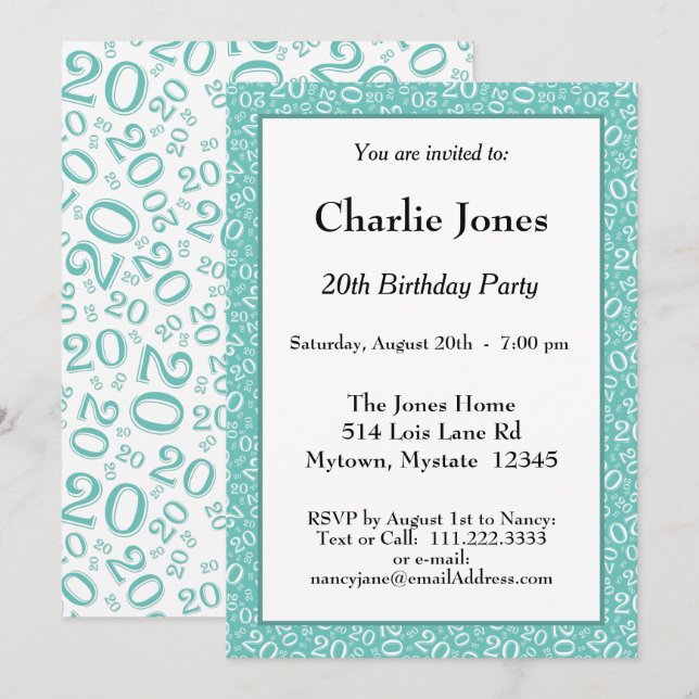 Age 20 Random Number Pattern Teal/White 20th Invitation (Front/Back)