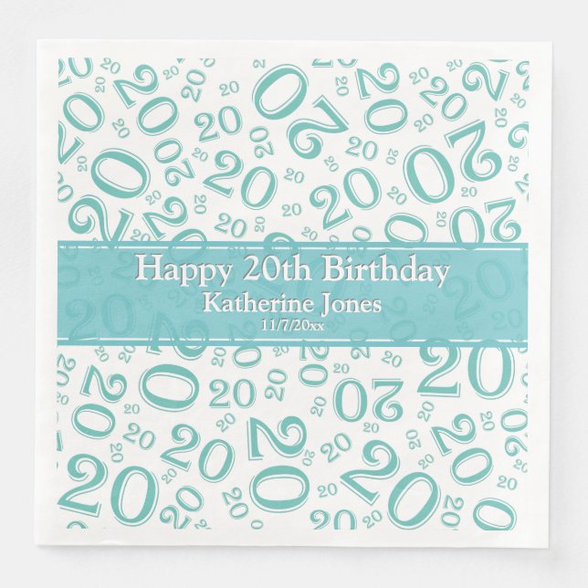 Age 20 Random Number Pattern Teal/White Paper Dinner Napkins (Front)