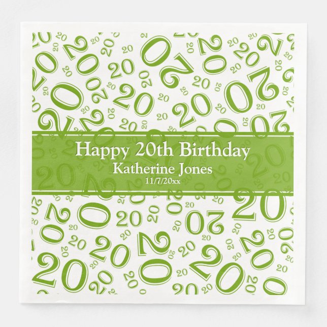 Age 20 Random Number Pattern White/Green Paper Dinner Napkins (Front)