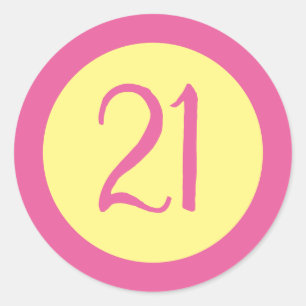 Age 21 Number Customizable Pink Text on Yellow Classic Round Sticker