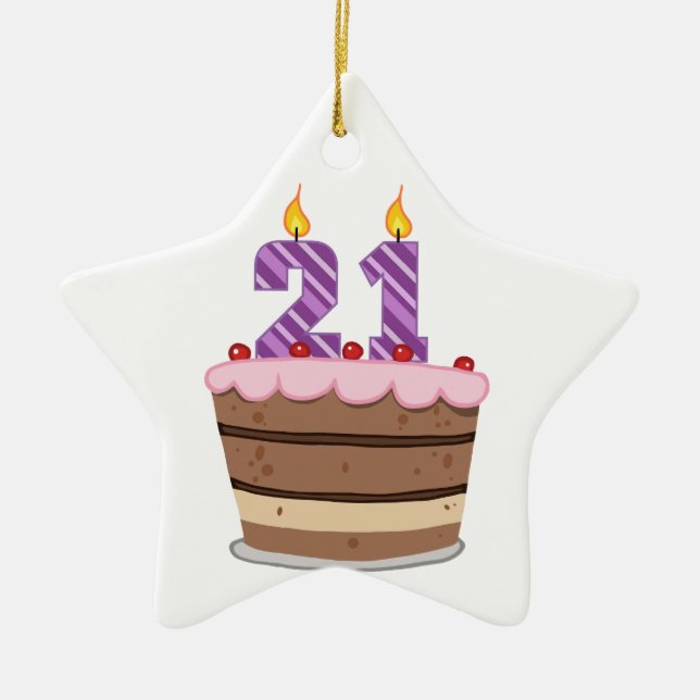 Age 21 on Birthday Cake Ceramic Ornament (Front)