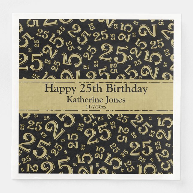 Age 25 Random Number Pattern Black/Gold Paper Dinner Napkins (Front)