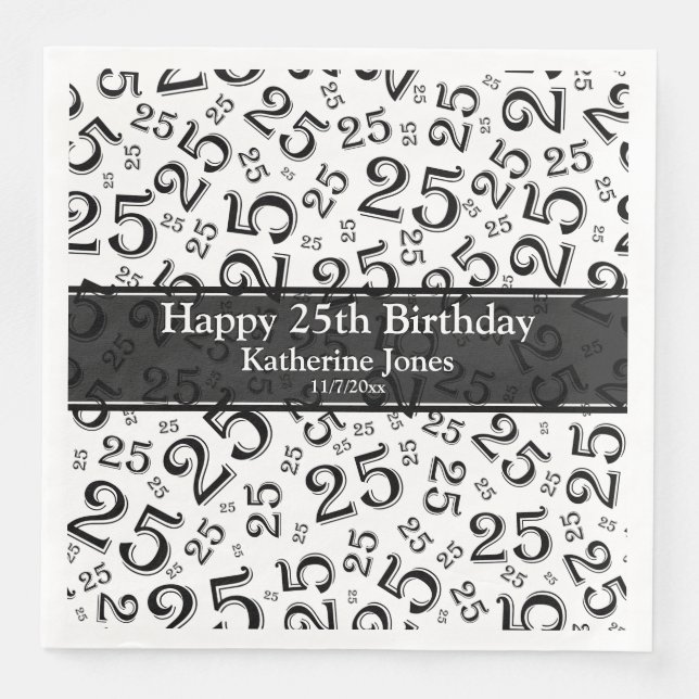 Age 25 Random Number Pattern Black/White Paper Dinner Napkins (Front)