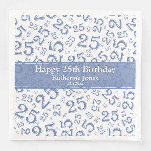 Age 25 Random Number Pattern Blue/White Paper Dinner Napkins