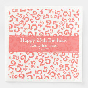 Age 25 Random Number Pattern Coral/White Paper Dinner Napkins