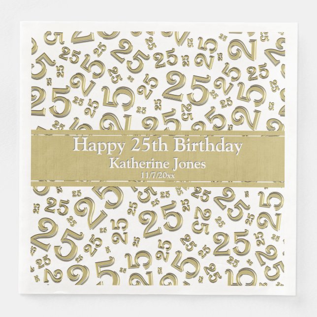 Age 25 Random Number Pattern Gold/White Paper Dinner Napkins (Front)