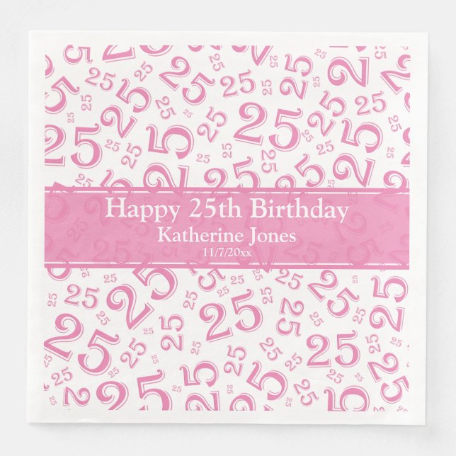 Age 25 Random Number Pattern Pink/White Paper Dinner Napkins (Front)