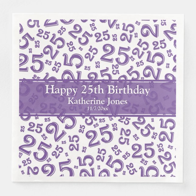 Age 25 Random Number Pattern Purple/White Paper Dinner Napkins (Front)