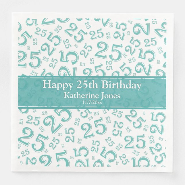 Age 25 Random Number Pattern Teal/White Paper Dinner Napkins (Front)