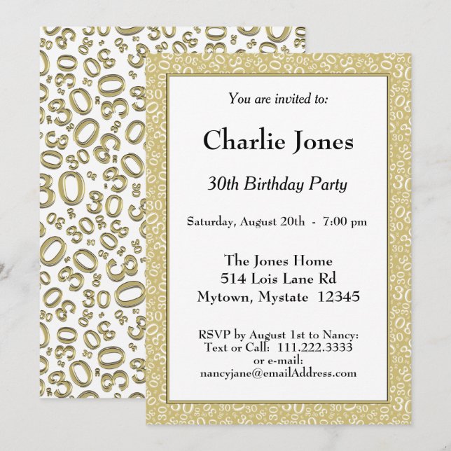 Age 30 Random Number Pattern Gold/White 30th Invitation (Front/Back)