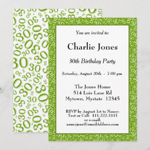 Age 30 Random Number Pattern Green/White 30th Invitation