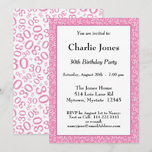 Age 30 Random Number Pattern Pink/White 30th Invitation