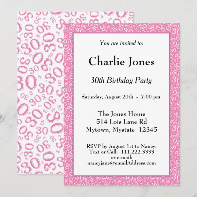 Age 30 Random Number Pattern Pink/White 30th Invitation (Front/Back)
