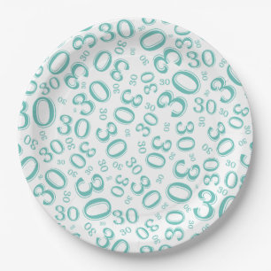 Age 30th Random Number Pattern Teal/White Paper Plates