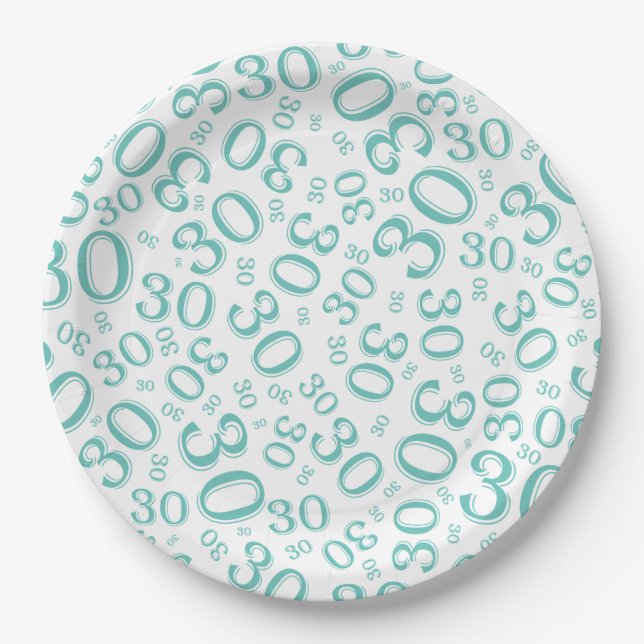 Age 30th Random Number Pattern Teal/White Paper Plates (Front)