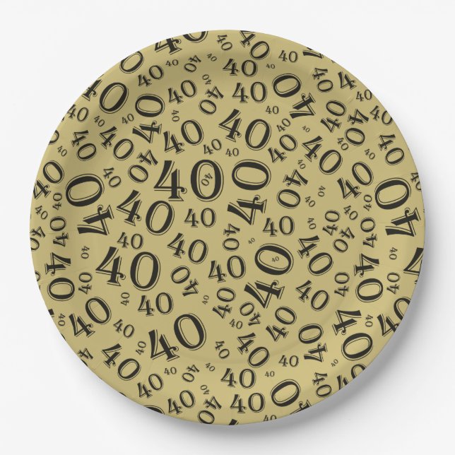 Age 40 Random Number Pattern Black/Gold Paper Plates (Front)