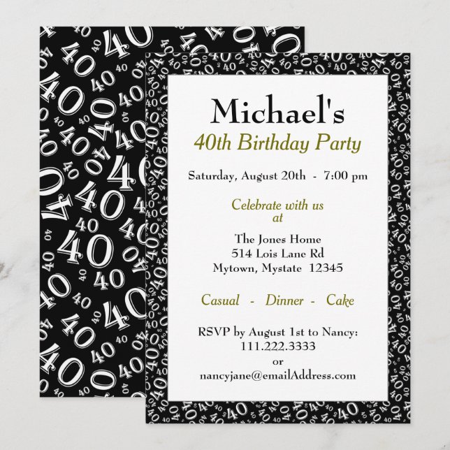Age 40 Random Number Pattern Black/White 40th Invitation (Front/Back)