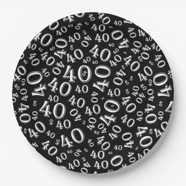 Age 40 Random Number Pattern Black/White Paper Plates (Front)