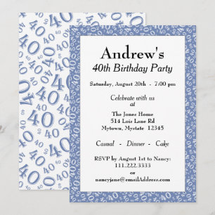 Age 40 Random Number Pattern Blue/White 40th Invitation