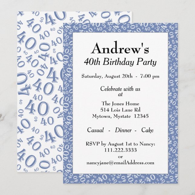 Age 40 Random Number Pattern Blue/White 40th Invitation (Front/Back)