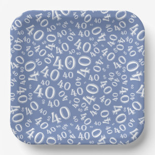 Age 40 Random Number Pattern Blue/White Paper Plates