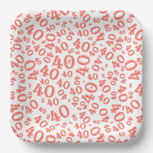 Age 40 Random Number Pattern Coral/White Paper Plates